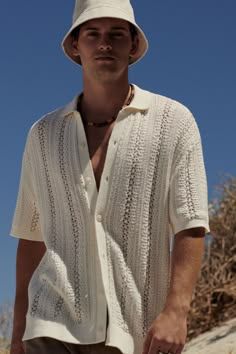 Crochet Shirt Outfit, Summer Fits Men, Ivory Outfit, Crochet Button, Crochet Men, Shirt Outfit Men, Cool Summer Outfits, Baggy Clothes, Half Sleeve Shirts