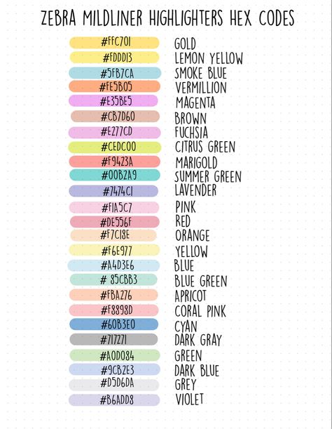 Highlighter Colours For Notes, Mildliners Hex Codes, Highlighter Codes Goodnotes, Highlighter Goodnote, Highlight Hex Code, Aesthetic Highlighter Hex Codes, Notability Pen Colors, Digital Planner Hex Codes, Zebra Midliners Hex Codes