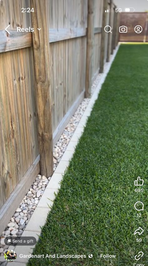 Front Garden Box Ideas, Landscape Ideas For Corner Of Yard, Backyard Design Small Yard, Landscape Ideas By Fence, Rock Border Around Fence, Half Wall Fence, Front Yard Landscaping White Rocks, House Side Garden, Small Fenced Yard Ideas