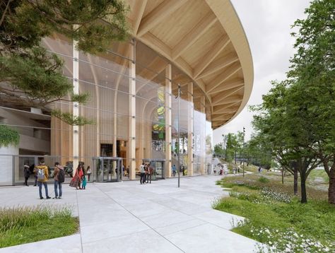 Henning Larsen designs tree-like volumes made from mass timber for Volvo centre Building Massing, Interior Cladding, Henning Larsen, Danish Architecture, Timber Buildings, Experience Center, Timber Structure, Timber Construction, Glass Facades