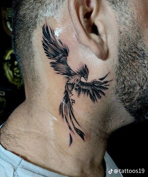 Side Neck Tattoo Designs Men, Mens Side Of Neck Tattoos, Phoenix Neck Tattoo Men, Phoenix Neck Tattoo, Fenix Tattoo Design, Bird Neck Tattoo, Side Tattoos For Men, Mens Neck Tattoos, Art Sleeve Tattoo