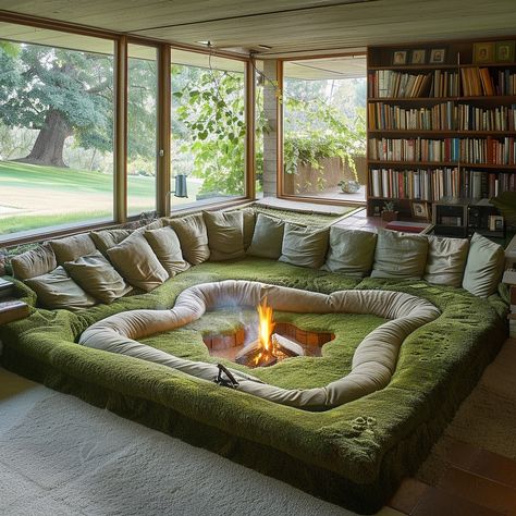 The Moss Meadow Conversation Pit is a serene, cozy space inspired by the tranquility of a lush meadow. Featuring moss-green upholstery, natural wood accents, and earthy tones, it offers a comfortable and immersive retreat for intimate conversations and relaxation. Conceptual AI Art Follow @ecosapiens for more! Talking Pit Living Room, Conversations Pits, Faux Conversation Pit, Talking Pit, Diy Conversation Pit, Couch Pit, Conversation Pit 70's, Conversation Pit Living Room, Modern Conversation Pit