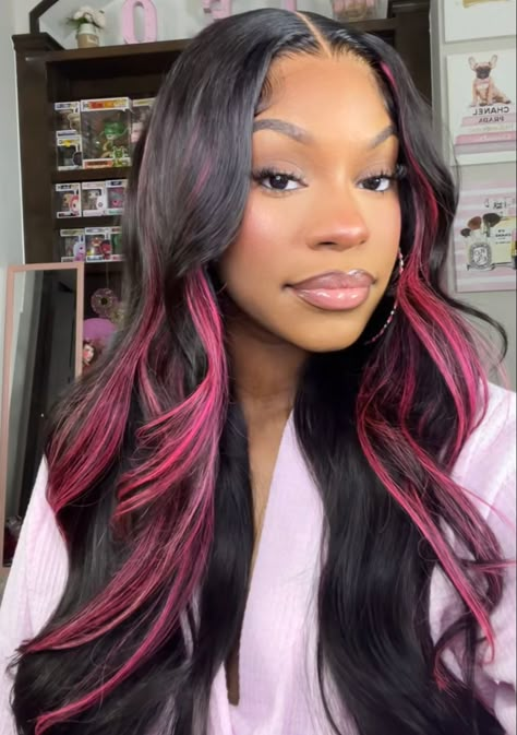 Pink Highlights Lace Front Wig, Pink Black Hair Black Women, Black With Pink Highlights Wig, Pink Hair Streaks Black Women, Pink Highlight Sew In, Pink And Black Lace Front Wig, Pink Front Highlights, Black And Pink Highlights Wig, Pink Highlights In Black Hair Wig