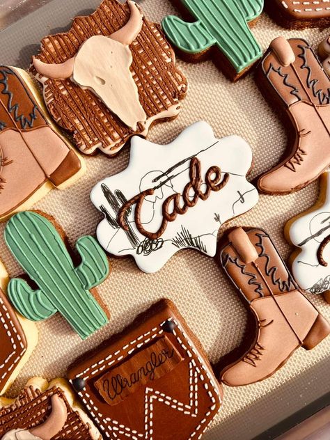 Wild West Cookies Decorated, First Rodeo Birthday Cookies Boy, Wild West Birthday Party Decor, How The West Was One Cookies, First Rodeo Cookies Boy, Wild West Baby Shower Ideas, Boy Western Baby Shower Ideas, Our First Rodeo Baby Shower Ideas, First Rodeo Birthday Boy Food