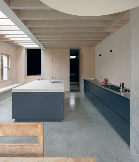 Sunken Patio, Concrete Retaining Walls, Victorian Terrace House, House In London, Concrete Column, Timber Ceiling, Concrete Bench, Built In Cupboards, Timber Beams