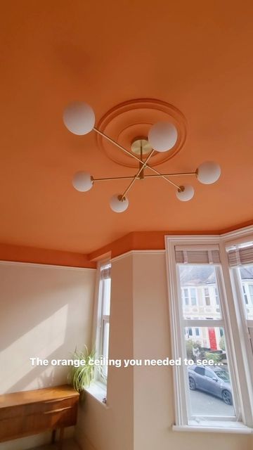 Half Orange Wall, Patterned Ceiling Painted, Orange Painted Ceiling, Orange Ceiling Living Room, Orange Ceiling Bedroom, Orange Trim Interior, Colorful Ceiling Ideas, Painted Ceiling And Trim, Light Orange Room