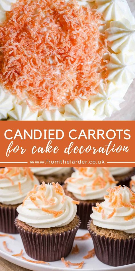 These Candied Carrot Decorations are beautiful as a carrot cake garnish. Simple to make by grating carrots, cooking them in a sugar syrup before leaving them to dry overnight and tossing in white sugar for a gorgeous frosted appearance. Carrots Decoration, Cake Garnish, Carrot Decorations, Carrot Cake Decoration, Sugar Carrots, Candied Carrots, Easy Carrot Cake, Carrot Cake Cookies, Cream Cheese Buttercream