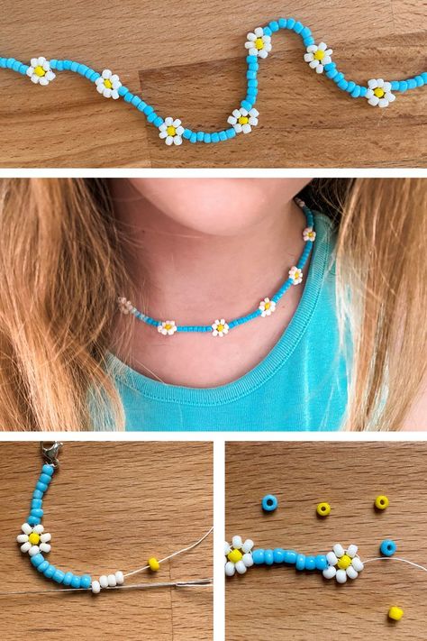 Make A Flower With Beads, How To Make Necklaces Step By Step, Bead Daisy Chain Tutorial, Beading Daisy Chain, How To Make A Beaded Daisy, Simple Beading Ideas, Diy Bead Necklace Tutorial, Daisy Bead Necklace Tutorial, Daisy Chain Tutorial How To Make