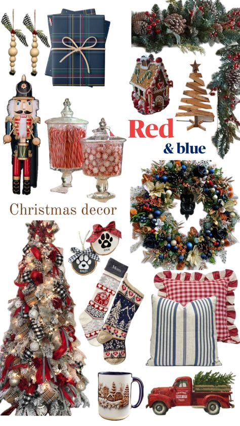 Red And Blue Christmas Decor, Blue And Red Christmas Decor, Blue And Red Christmas, Red Blue Christmas, Red And Blue Christmas, Blue Christmas Decor, Red Christmas Decor, Cottage Christmas, Christmas Charms