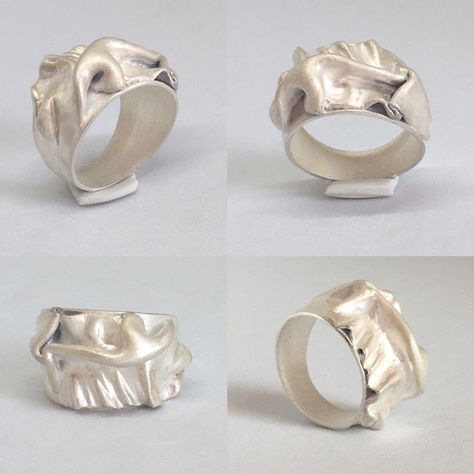 Sculptural Silver Jewelry, Wax Casted Rings, Clay Silver Ring, Art Clay Silver Jewelry, Art Clay Silver Ring, Silver Clay Rings, Silver Clay Jewelry Ideas, Silver Clay Ring, Casted Jewelry