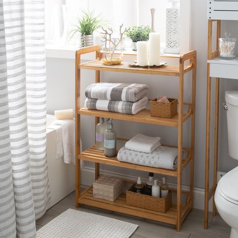 Store and decorate in your bathroom with the Organize It All Deluxe 4 Tier Bamboo Shelving Unit. Made of natural Bamboo this shelving tower is made up of 4 tiers and is freestanding. Easily place anywhere within your bathroom or sauna, wherever it is needed. The shelves can be used to store towels, toilet paper, toiletries or display decorative items. NEU Home Natural 4-Tier Wood Freestanding Bathroom Shelf in Brown | NH-29944W Design Interior Baie, Farmhouse Bathroom Accessories, Freestanding Bathroom Shelves, Dorm Bathroom, Bamboo Shelf, Decor Baie, Bathroom Inspiration Decor, Apartment Bathroom, Bathroom Shelf