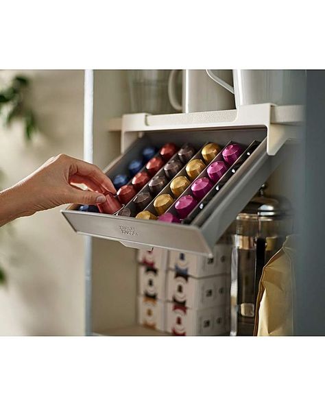 This storage drawer features fixed dividers that keep coffee pods nicely organised and, it fits neatly under a shelf, thereby saving valuable space on the worktop. Easy to install using strong 3M VHB tape, the unit is designed to fit neatly onto your existing cupboard shelf and is suitable for holding up to 30 Nespresso original-style capsules. Coffee Pods Drawer, Nespresso Coffee Pods, Grey Cupboards, Pod Storage, Nespresso Coffee Capsules, Coffee Pod Storage, Nespresso Pods, Kitchen Storage Space, Coffee Pod Holder