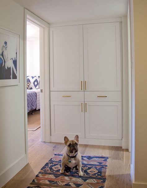 Linen Closet Hallway, Hallway Closets, Closet Redesign, Bedroom Closet Doors, Mudroom Closet, Linen Closets, Hallway Closet, Hallway Cabinet, Condo Remodel