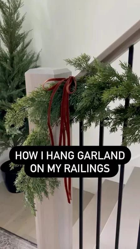 Ribbon Garland Over Door, Easy Stair Railing Christmas Decor, Stockings On Stairs With Garland, Christmas Decoration For Stairs Railings Banisters, Garland For Stairs Christmas, Garland On Front Porch Railing, Christmas Decor Banister Railings, Garland On Railing Christmas, Garland Railing Christmas