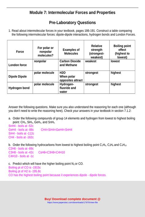 Module 7 Intermolecular Forces and PropertiesPreLaboratory Intermolecular Forces Chemistry, Intermolecular Forces, Study Chemistry, Organic Molecules, Lab Activities, Liberty University, Essential Questions, College Study, Good Essay