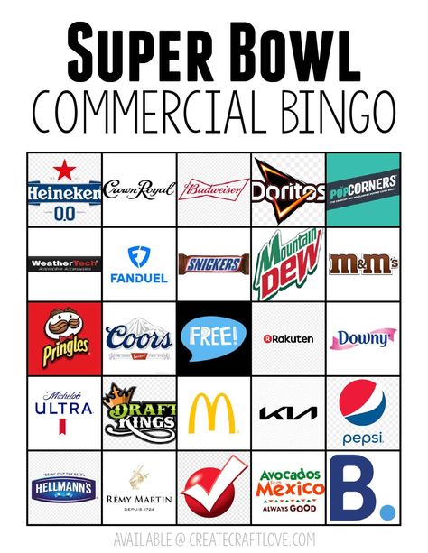 Super Bowl Commercial Bingo | Updated Annually for the Game Super Bowl Commercial Game, Super Bowl Commercial Games, Super Bowl 2024 Games, Commercial Bingo Superbowl, Super Bowl Social Media Posts, Superbowl Commercial Bingo 2024, Super Bowl Commercial Bingo 2024, Superbowl Bingo 2024, Super Bowl Bingo Cards 2024