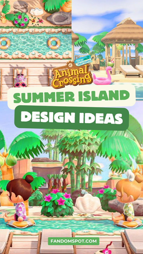 Custom summer-themed island design ideas for Animal Crossing: New Horizons! Animal Crossing Summer Island, Acnh Lazy River, Acnh Summer Island, Animal Crossing Tropical Island, Design Ideas Acnh, Animal Crossing Island Themes, Acnh Tropical Island Ideas, Animal Crossing Summer, Acnh Beach Ideas