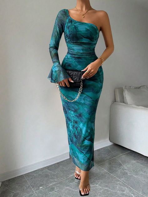 Women's Elegant Floral Print Flare Sleeve Fitted Dress Green Elegant  Long Sleeve Knitted Fabric Tie Dye,All Over Print Bodycon Medium Stretch  Women Clothing, size features are:Bust: ,Length: ,Sleeve Length: Widow Dress, Chic Dress Classy, Dinner Dress Classy, Classy Dress Outfits, Shein Dress, Dinner Dress, Daily Dress, Women Long Dresses, Elegant Floral