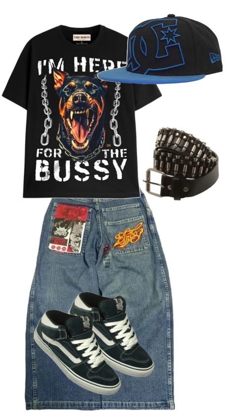 jnco jeans baggy shirt y2k grunde bullet belt skater outfit Y2k Outfits With Belts, Baggy Jeans Baggy Shirt Outfit, Hip Hop Aesthetic Outfit, Jnco Jeans Outfit, Baggy Y2k Outfit, Edgar Outfits, Skaters Outfit, Baggy Shirt Outfit, Skater Clothes