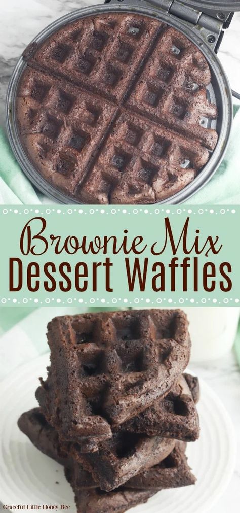 See how easy it is to make these delicious chocolatey brownie mix waffles in your waffle maker for a quick and easy dessert! Find the recipe at gracefullittlehoneybee.com #wafflemaker #brownies #dessert Brownie Mix Waffles, Waffles Dessert, Mini Waffle Recipe, Brownies Decorados, Brownie Waffles, Waffle Iron Recipes, Dessert Waffles, Waffle Maker Recipes, Desserts Keto