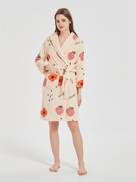 Women's Floral Strawberry Print Wrapped Belted Flannel Lounge Robe, Casual Pocket Shawl Collar Thermal Robe, Women's Fall & Winter Soft PJ for Homewear Fluffy Pajamas, Robe Women's, Pocket Shawl, Fall Outfits For Women, Lounge Robes, Fall Wear, Strawberry Print, Outfits For Women, Shawl Collar