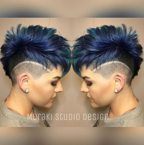 Fawk Hawk Haircut Women, Faux Pixie Haircut, Womens Short Hair Undercut, Short Hair Styles Pixie Undercut, Short Hair Color Ideas Blue, Blue Pixie Haircut, Mohawk Pixie Haircut, Edgy Pixie Hairstyles Undercut, Faux Hawk Pixie Shaved Sides