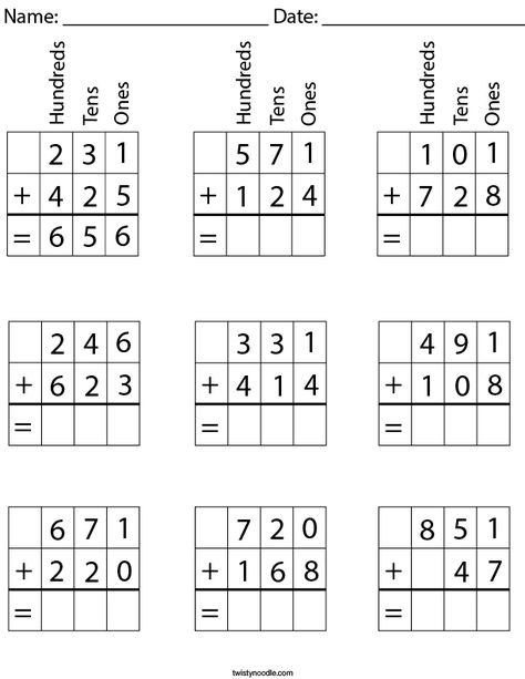 3 Digit Addition with Place Value Math Worksheet - Twisty Noodle Adding 3 Digit Numbers, 3 Digit Subtraction, Value Worksheet, Addition Without Regrouping, Math Helper, Holiday Math Worksheets, 3 Digit Addition, Remedial Reading, Teaching Place Values