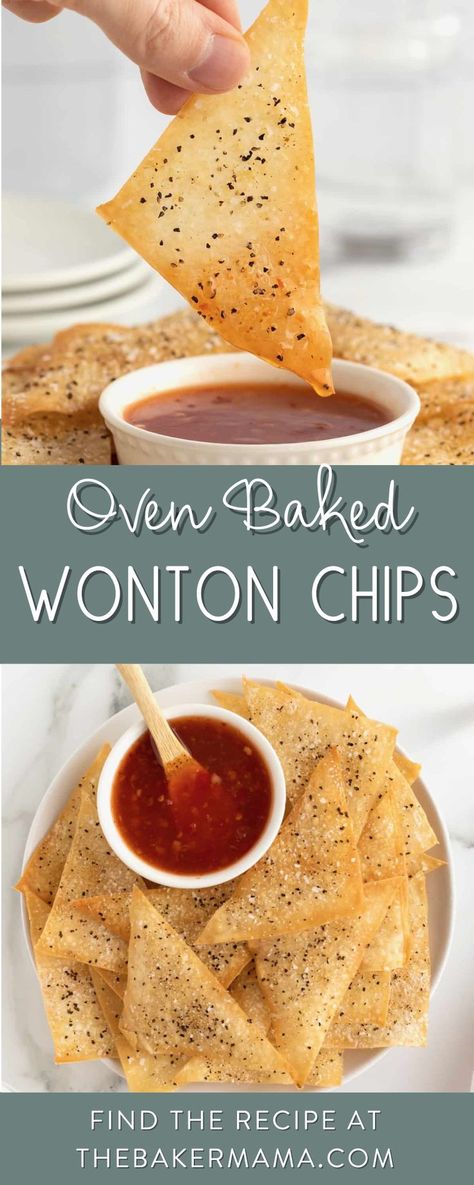 Oven Baked Wonton Chips bake up deliciously airy, golden brown and perfectly seasoned. They make the perfect appetizer or snack just ready for dipping in your favorite sauce! Not only are these wonton chips so easy to make, the seasoning on them is brilliantly simple. Salt, pepper, and garlic. They’re o-m-good, y’all. I can’t wait for you to try them. How To Make Wonton Chips, Wonton Crisps Baked, Crispy Baked Wontons, Baked Wontons Recipes, Recipes That Use Wonton Wrappers, Baked Wonton Chips, Wonton Chips Baked, Wonton Strips Recipe, Air Fryer Wonton Chips