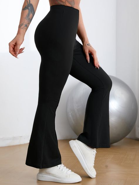 Black  Collar  Polyester Plain Flare Leg Embellished High Stretch Fall,Spring Women Activewear Bootcut Leggings, Boot Cut Leggings, Stretch Yoga, Sports Pants Women, Bottom Workout, Compression Tights, Sports Trousers, Flare Leg Pants, Women's Activewear