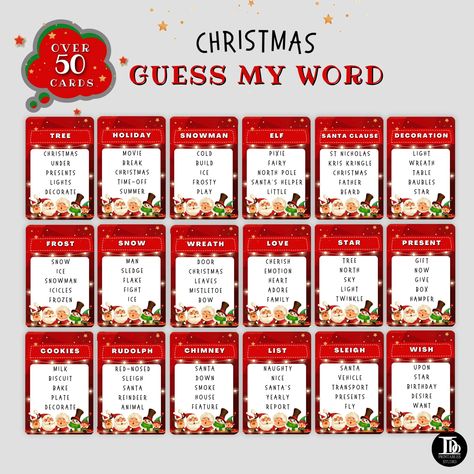 Enjoy Christmas 'Guess My Word' Game perfect for this Holiday. In this Christmas edition of classic game, what you don't say is just as important as what you do say! Your guests play in teams to try and guess the Christmas related words as their teammates shout out clues. But some words are forbidden, so don't say the wrong clue, or your team loses! To bring some hilarious moments to your festivities all you have to do is purchase, download print and play! Included in your purchase: 1 PDF File - Christmas Gift Games, Christmas Party Activities, Xmas Games, Gift Exchange Games, Fun Christmas Party Games, Fun Christmas Games, Christmas Trivia, Christmas Games For Family, Christmas Gift Exchange