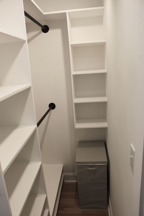 Deep Side Closet Organization, Small Closet Maximize Space, Slanted Shoe Shelves In Closet, Closet Rods And Shelves Walk In, Tiny Closet Shelving Ideas, Walk In Narrow Closet, Tiny Walk In Closet Dimensions, Half Walk In Closet Ideas, Closet Shelves And Rods