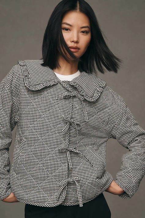 Maeve Gingham Quilted Jacket | Anthropologie UK Cold Ootd, Coastal Cozy, Tie Styling, Gingham Quilt, Gingham Jacket, Anthropologie Uk, Jacquard Sweater, Girls Outerwear, Gingham Fabric