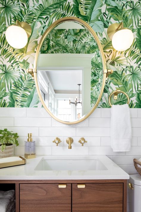 Palm Tree Powder Room, Tropical Interior Design Bathroom, Tropical Half Bathroom Ideas, Tropical Wallpaper Powder Room, Palm Bathroom Decor, Tropical Wallpaper Bathroom Ideas, Modern Tropical Bathroom Design, Tropical Leaf Wallpaper Bathroom, Powder Room Tropical Wallpaper