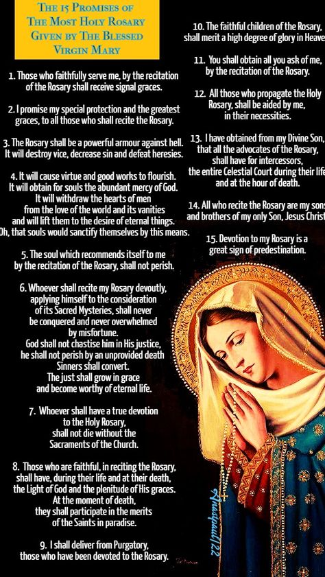 The Fifteen Promises is a tradition held by the Order of Preachers, that the Blessed Virgin Mary made Fifteen specific Promises through Saint Dominic (1170-1221) and Blessed Alain de la Roche (1428-1475), to those who faithfully pray the Rosary. The 15 Promises of The Most Holy Rosary Given by The Blessed Virgin Mary 15 Promises Of The Rosary, Rosary Quotes, Saying The Rosary, Saint Feast Days, Mary 1, Pray The Rosary, Saint Dominic, Angel Quotes, Church Pictures