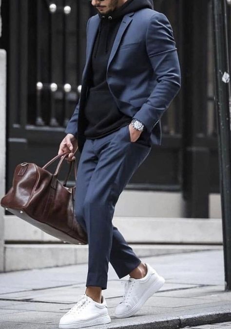 Dark Blue Blazer Outfit Men, Grey Hoodie Outfit Men, Mens Formal Fashion, Blue Blazer Outfit Men, Hoodie Blazer, Blue Blazer Outfit, Suits And Sneakers, Dark Blue Blazer, Hoodie Outfit Men