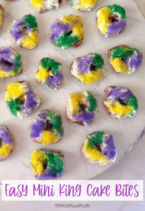 Mardi Gras Desserts, King Cake Bites, King Cake Recipe Easy, Mardi Gras Cake, Madi Gras, King Cake Recipe, Homemade Cream Cheese, Homemade Donuts Recipe, Mardi Gras King Cake