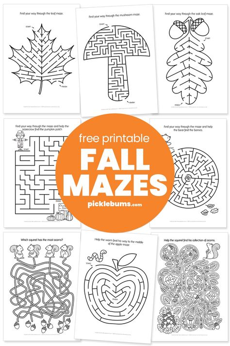 These free printable autumn/fall mazes are a fun, 'print and go' activity that kids will love! Free Fall Homeschool Printables, Autumn Worksheets Free Printable, Free Maze Printables, Preschool Mazes Free Printable, Maze Puzzles For Kids Free Printables, Fall Activity Pages Free Printable, Fall Library Activities, Fall Printable Activities, Fall Mazes Printable