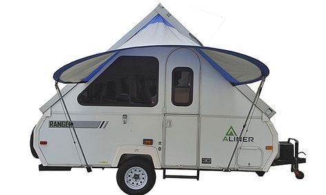 The PahaQue Visor quickly and easily attaches to the folding side wall of your trailer. Aliner Campers, Camper Trailer Tent, Mini Campers, A Frame Trailer, A Frame Camper, Rv Redo, Rv Gear, Hiking Ideas, Aluminum Awnings