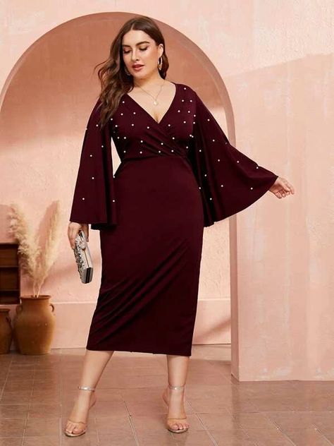 Elegant Dress For Big Size Woman, Dress For Big Size Woman, Heart Print Dress, Corporate Dress, Split Hem Dress, Vestido Plus Size, Butterfly Sleeve, Flattering Dresses, Plus Size Fashion For Women