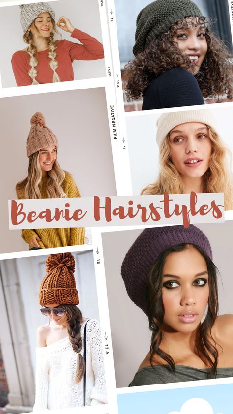 Stay Warm, Look Cool: Stylish Winter Hairstyles With Beanies Hairstyles With A Winter Hat, Hair Ideas With Winter Hat, Hairstyle With Beanie Winter, Beanie Hat Hairstyles Long Hair, Hairstyles With Stocking Hat, Beanie Styles For Women, Hairstyles With Winter Hats, Cute Beanie Outfits Winter Casual, Hairstyles With A Beanie Winter