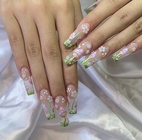 Renisance Aesthetic Nails, Xl Long Acrylic Nails 3d Flowers, Fairy Theme Acrylic Nails, Clear Fairy Nails, Garden Inspired Nails, Classy Bling Nails, Forest Fairy Aesthetic Nails, Spring Flower Acrylic Nails, Pink Mushroom Nails