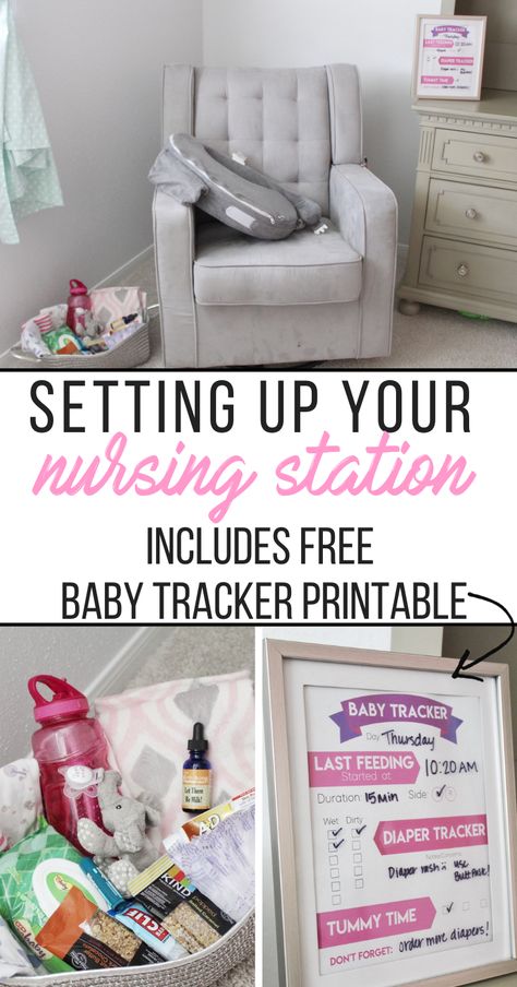 The best way to make nursing stress free on mama- set up a nursing station with a breastfeeding basket! this also has a fun printable baby tracket that comes in both blue and pink Nursery Nursing Station, Nursing Set Up, Nursing Station Organization, Nursing Station Ideas, Bedside Nursing Station, Nursing Caddy Essentials, Nursing Corner In Bedroom, Pumping Station At Home, Breastfeeding Caddy