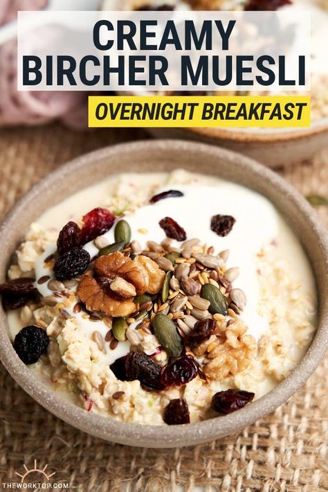 Muesli And Yoghurt Cups, Apple Bircher Muesli, Healthy Muesli Breakfast, Easy Bircher Muesli Recipe, Healthy Bircher Muesli Recipe, Overnight Muesli Recipe, Recipes With Muesli, Overnight Museli Oatmeal, Musli Yogurt