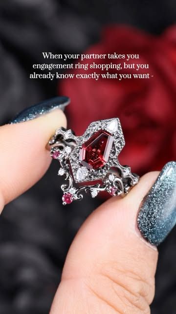 StarlandUS on Instagram: "When your partner takes you engagement ring shopping, but you already know exactly what you want - 🖤❤️🌹

Link my bio to Explore More!!!
🔍Retro Coffin Cut Garnet Vampire Gothic Engagement Ring Set 2pcs

#garnet #garnets #garnetring #garnetjewelry #uniquejewelry #uniquerings #gothicjewelry #engaged #engagementring #nontraditionalbride #nontraditionalwedding #nontraditional #alternativegirl #uniquestarland #uniquestarlandjewelry #foryou #foryourpage" Vampire Engagement Ring, Vampire Wedding Ring, Coffin Wedding Ring, Vampire Rings, Gothic Wedding Ring, Engagement Ring Shopping, Vampire Ring, Unconventional Engagement Rings, Nontraditional Bride