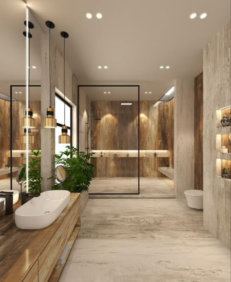 Marble That Looks Like Wood, Modern Wooden Bathroom, Wood Tile And Marble Bathroom, Oak Wood Home Decor, Bathroom With Wood And Marble, Modern Rustic Primary Bathroom, Wood Luxury Interior, White Marble Wood Bathroom, Lux Master Bath