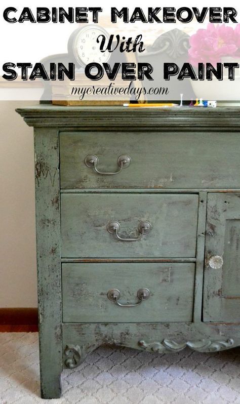 How to Get This Aged Finish by Applying Stain Over Paint - via My Creative Days Wooden Chest Of Drawers Makeover, Painting Over Stained Wood, Stain Over Paint, Restoration Hardware Paint, Chest Of Drawers Makeover, Kids Olympics, Painting Antique Furniture, Paint Tips, Chalk Painting