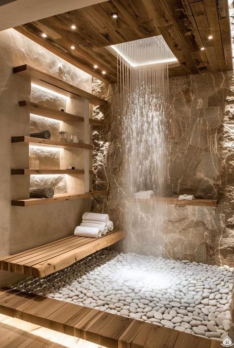 Bathroom With Rock Floor, Bathroom Remodel Stone, Cool Shower Designs, Stone Wall Bathroom Master Bath, Natural Spa Like Bathroom, Master Shower Head Ideas, Coastal Rustic Bathroom, Hammam Bathroom Ideas, Bathroom Design Wet Room