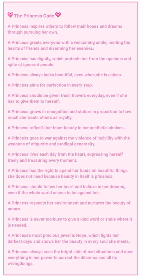 The Princess Code by Skye of The Princess Portal Daily Princess Habits, Princess Things To Do, Living Like A Princess, How To Be Like A Princess, How To Act Like A Princess, Princess Habits, Princess Affirmations, Princess Routine, Princess Behavior