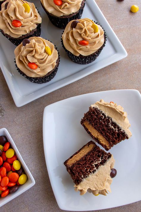 Reeses Cupcakes Recipe, Resses Peanut Butter Cupcakes, Reeses Pieces Cupcake, Reeces Pieces Cupcakes, Reese’s Peanut Butter Cup Gift Ideas, Recess Peanut Butter Cupcakes, Reeses Peanut Butter Cupcake, Reese Cup Birthday Cake, Chocolate Reeses Peanut Butter Cookies