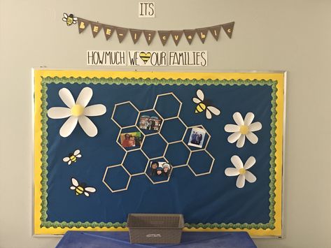 Bumblebee Family Board I made for my room “ It’s UN -BEE -lievable how  much we love our families” #classroom #daycare #bumblebee #family #beetheme Me And My Family Preschool Theme Bulletin Boards, Family Tree For Classroom Door, Family Wall For Classroom Ideas, Beehive Family Tree, Family Board For Infant Room, Family Theme Classroom Decoration, Family Tree Daycare Bulletin Boards, Family Tree Ideas For Daycare, Family Wall Childcare